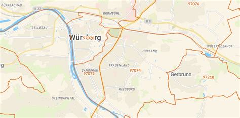 97074 Würzburg mit PLZ Karte und Straßenverzeichnis.